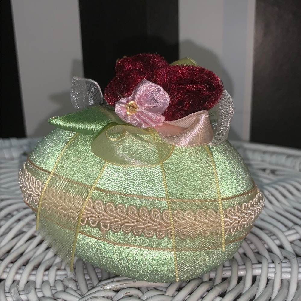 Vintage 70s 80s Handmade Green Decorative Easter Egg with Velvet Flower Accent